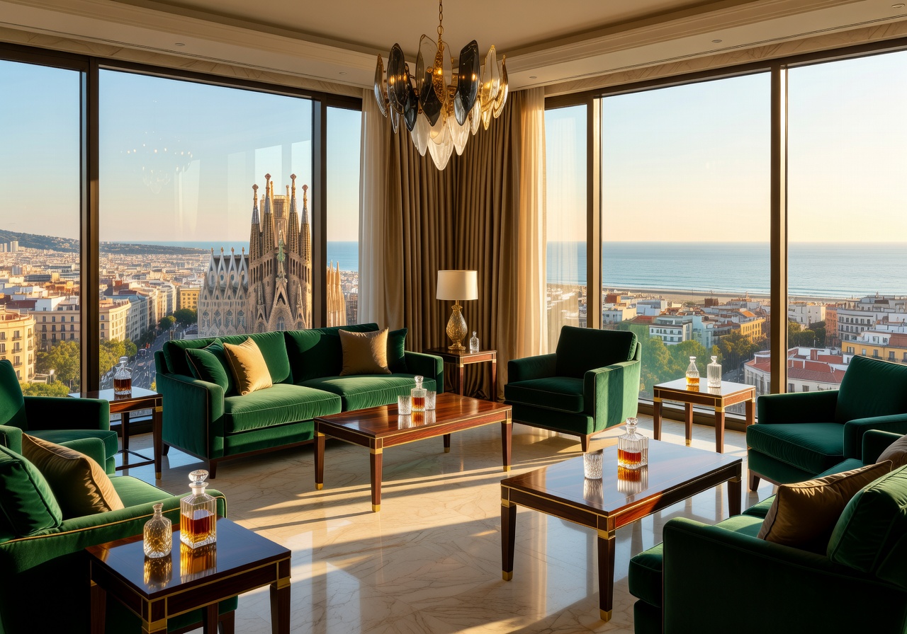 Luxury hotel lounge overlooking Barcelona