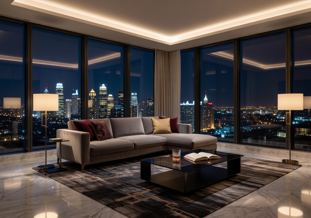 Luxury hotel penthouse room at night
