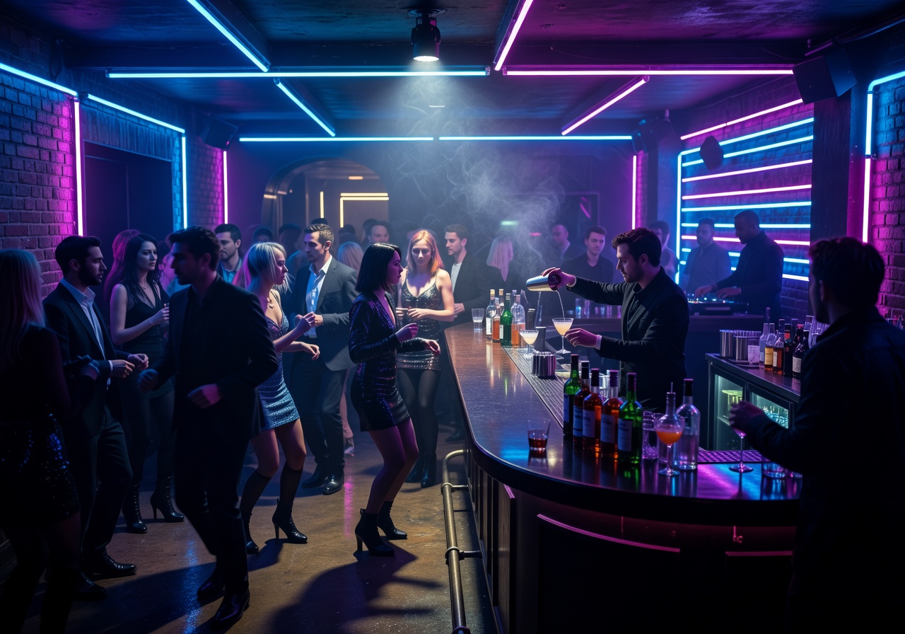 Neon lit nightclub interior in Paris