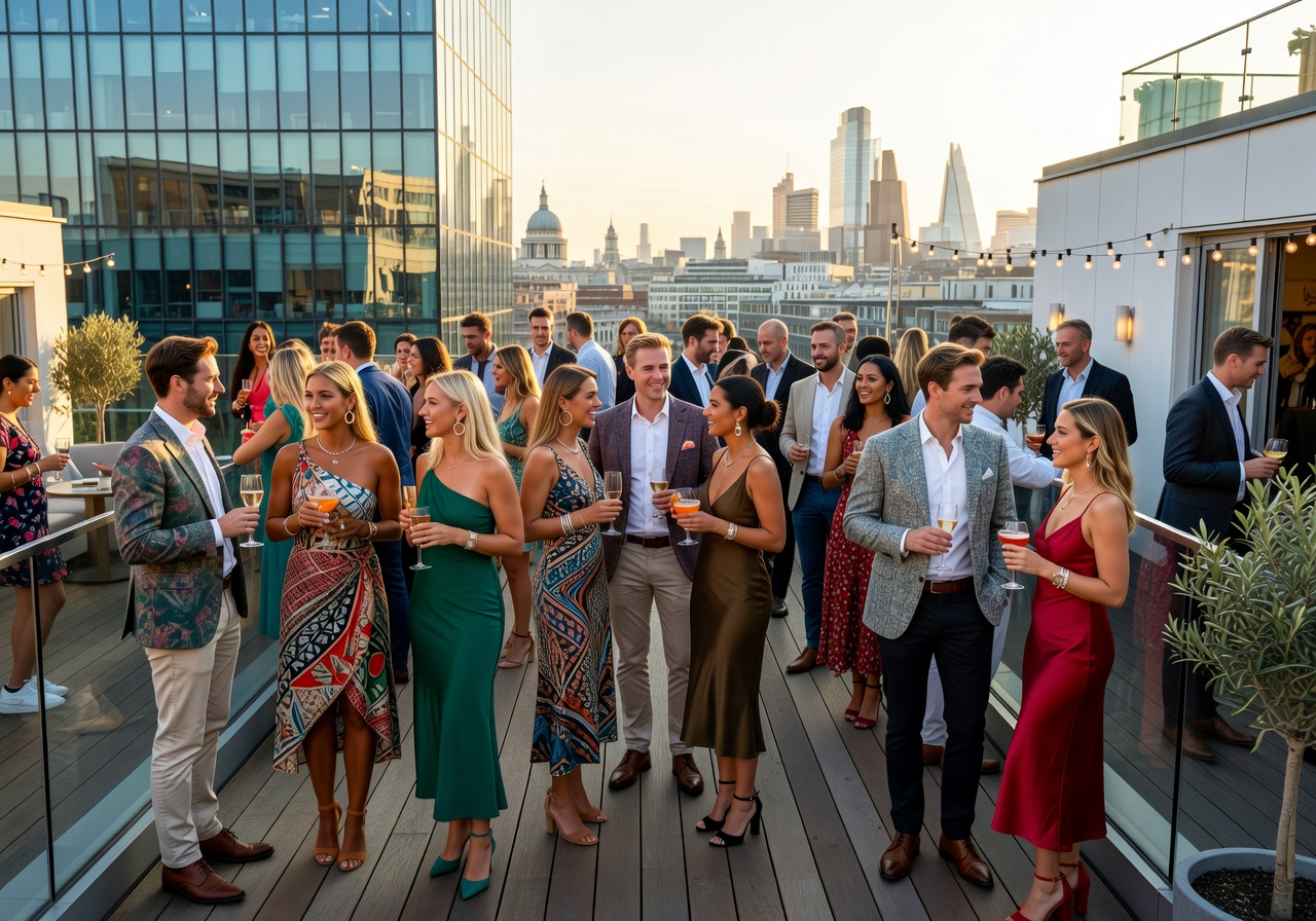 Trendy crowd at a London rooftop party